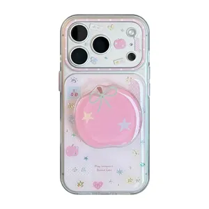 Sweet pink apple iPhone case featuring a cute round epoxy grip stand with glitter accents