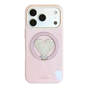 Coque iPhone rose avec support magnétique en forme de cœur et étoiles