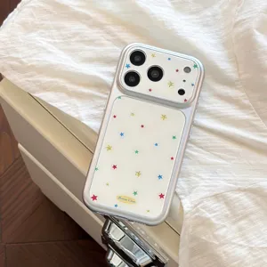 Detail view of silver iPhone case with colorful glitter star patterns and big camera window