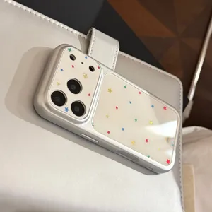 Pearl white protective iPhone case featuring colorful stars and a large camera window.
