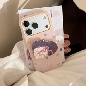 Custodia rosa per iPhone con supporto 3D per animali e dettagli eleganti di fiocchi