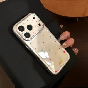 Detail of silver iPhone case with colorful star patterns and large camera window.