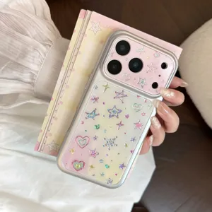 Close-up of Korean style phone case with shimmering heart and star patterns.