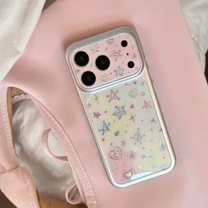 Close-up of pink iPhone case with colorful glittery heart and star patterns