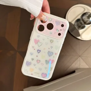 Trendy white phone case featuring sparkly pink glitter hearts for iPhone models