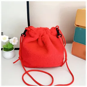 Vibrant red plush drawstring lucky bag for girls with soft faux fur and cord strap