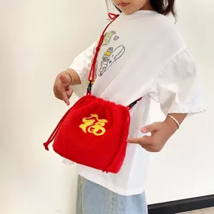 Cute kids red plush lucky bag with yellow Fu embroidery and crossbody drawstring strap