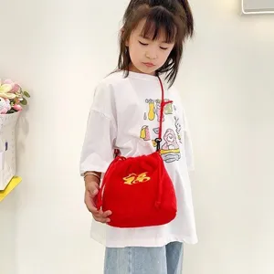 Adorable winter red plush drawstring lucky bag crossbody purse for little girls