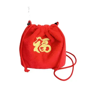 Adorable red plush drawstring crossbody bag for girls with gold Fu character embroidery