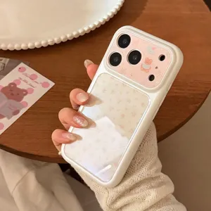 Korean Style Cute Floral Bear Phone Case For iPhone 17 16 15 14 13 Pro Max Pearl White Soft TPU PC Hard Protective Cover Shell