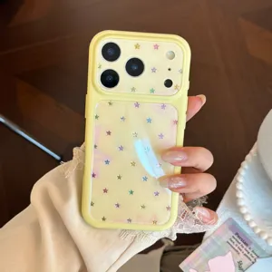 Close-up of a yellow iPhone 17 case featuring colorful glitter stars and protective camera slide