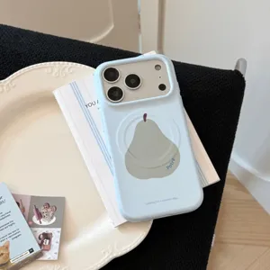 Vue détaillée de la coque bleu clair avec motif de poire et compatibilité Magsafe