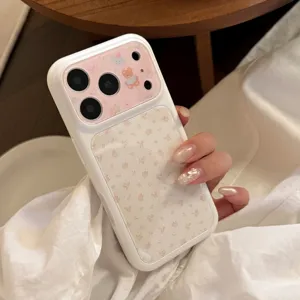 Detailed macro view of the Korean style iPhone case with pink bear and floral pattern.