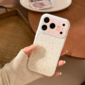 Close-up of a white Korean-style iPhone case with cute floral and bear patterns