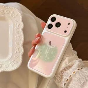 Detailed shot of pink iPhone 17 case featuring a glittery green apple motif