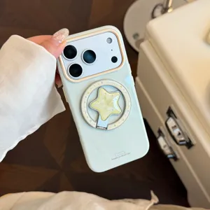 Vue détaillée d'une coque de téléphone magnétique vert menthe avec un support en étoile.