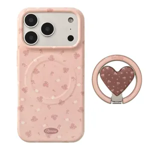 Θήκη iPhone με vintage φλοράλ σχέδιο και μαγνητική βάση δακτυλίου καρδιά σετ
