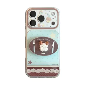 Coque iPhone mignonne avec support chiot 3D et motif à pois bleus style pâtisserie