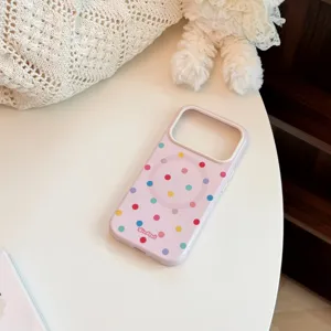 Détail d'une coque de téléphone à pois couleur bonbon dotée d'un anneau MagSafe
