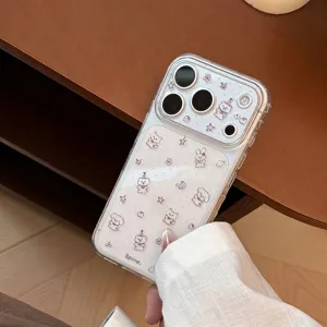 Close-up of a clear iPhone case with cute chocolate bear and star patterns.