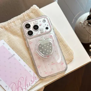 Coque de Téléphone avec Support Miroir Fraise à Carreaux Roses pour IPhone 17 16 15 14 Pro Max TPU Antichoc Protection Motif Lapin