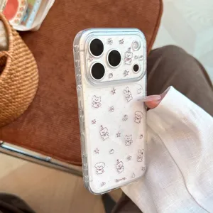 Close-up detail of cute brown bear and cat pattern on transparent soft iPhone case