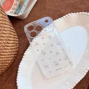 Close-up detail of a transparent iPhone case featuring cute brown cartoon animal prints.