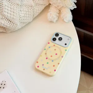 Vue détaillée de la coque magnétique à pois colorés avec un design esthétique mignon.
