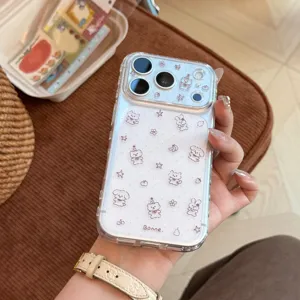 Detailed view of cute cartoon bear patterns on a clear protective iPhone case