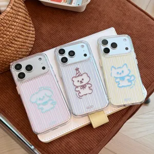 Drie schattige transparante iPhone-hoesjes met streepjespatroon en cartoon dieren