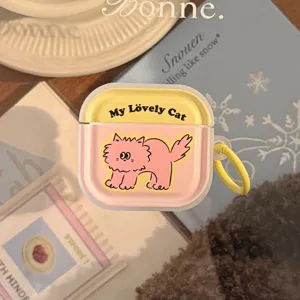 Primo piano della custodia AirPods con gatto rosa e anello di aggancio giallo