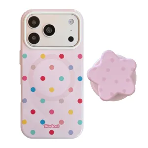 Coque iPhone rose pastel à pois avec support magnétique en forme d'étoile assorti