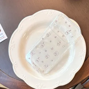 Detailed view of a transparent iPhone case featuring cute chocolate bear illustrations