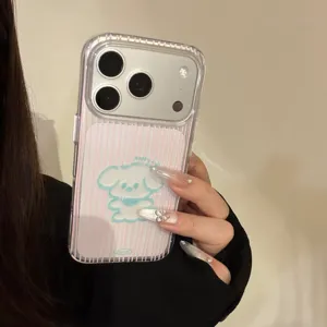 Schattige blauwe puppy-illustratie op roze gestreept transparant iPhone-hoesje hoes