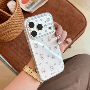 Detailed view of a clear iPhone case featuring cute bear and animal illustrations.