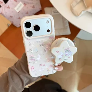 Funda suave con diseño de conejos y flores y soporte de estrella magnético para iPhone