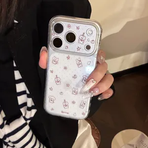 Macro view of cute cartoon bear and star pattern on clear protective iPhone case