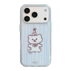 Minimalistische transparante iPhone-hoes met lichtblauwe strepen en schattig berenontwerp