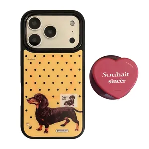 Coque de protection iPhone motif teckel avec support de téléphone cœur rose assorti