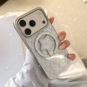 Coque iPhone Style Coréen Bleu Clair Plaid Étoiles Support de Bague Magnétique Étui Rigide Électroplaqué
