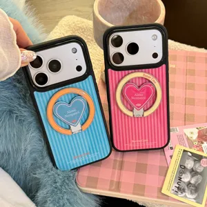 Detail showing striped iPhone case with a heart-shaped ring holder stand