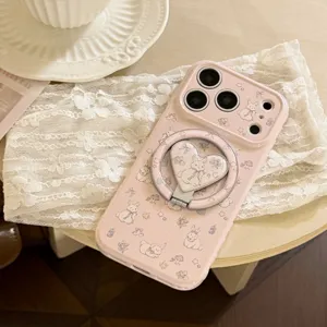 Detailed view of pink iPhone case with bunny patterns and a heart ring holder