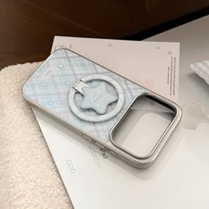 Coque de téléphone magnétique à carreaux bleus avec support anneau étoile pour iPhone