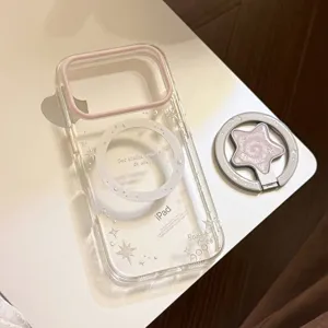 Dettaglio custodia magnetica per iPhone con stelle dorate e supporto a stella.