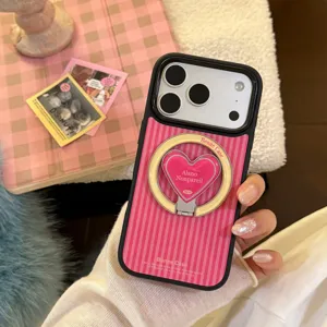 Close-up detail of a pink striped iPhone case featuring a heart-shaped magnetic ring holder.