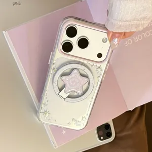 Primo piano della custodia trasparente per iPhone con stelle e supporto magnetico