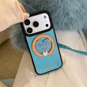 Blue striped phone case for iPhone featuring a heart-shaped stand and orange ring design.