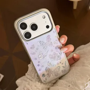 Detail view of electroplated iPhone case featuring a glittery purple oil painting butterfly design