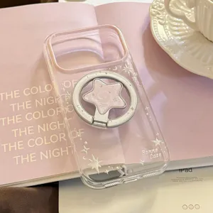 Dettaglio custodia iPhone trasparente con supporto magnetico a stella e glitter.