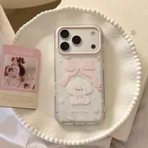 Cute cream puppy transparent iPhone case featuring a 3D pink bow and fine glitter details